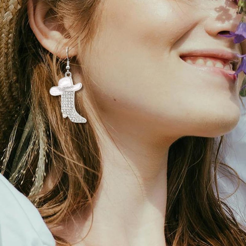 RechicGu Rhinestone Western Boots Earrings Cowgirl Cowboy Enamel Hat Bohemian Rodeo Boot Drop Dangle Earrings for Women - Image 4